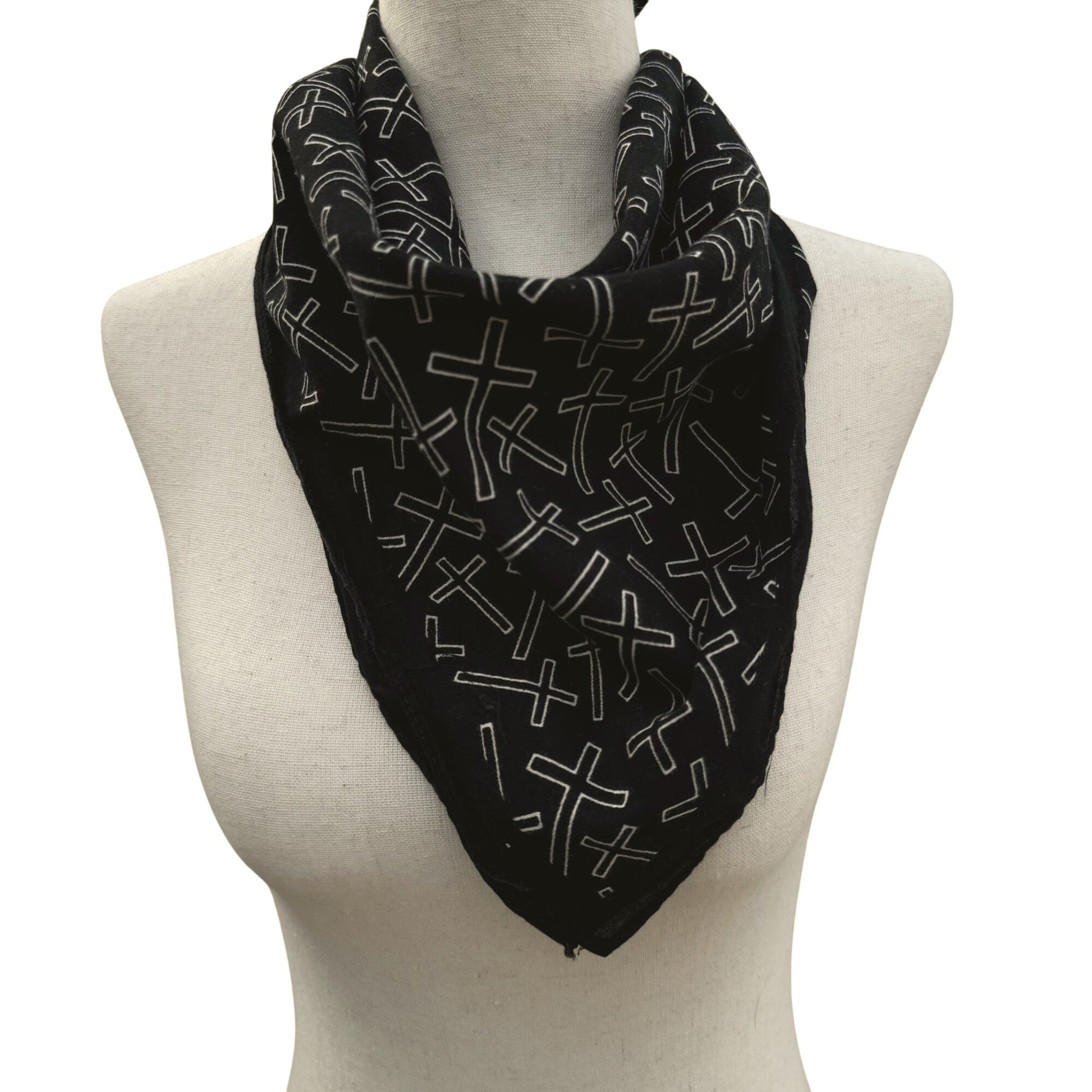 Vintage Black Cotton Cross Patterned Goth Bandana Handkerchief Scarf