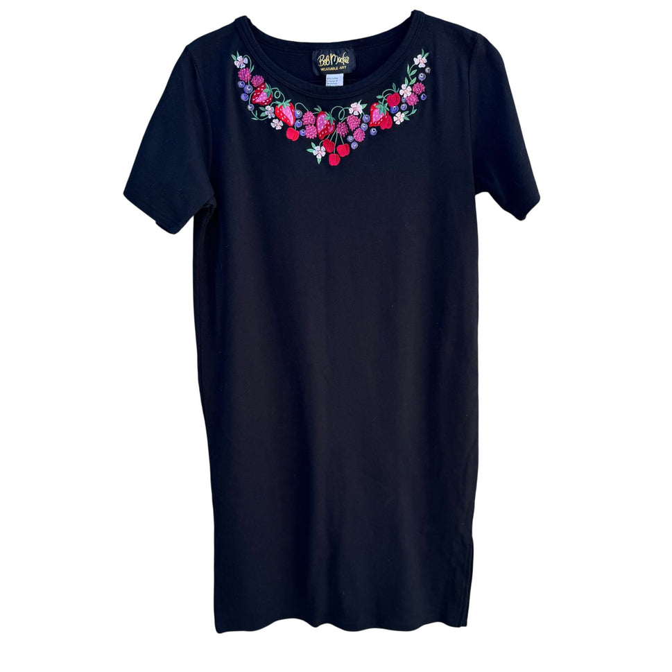 Bob Mackie Wearable Art Vintage Womens Cotton Black Floral Embroidery Midi Dress