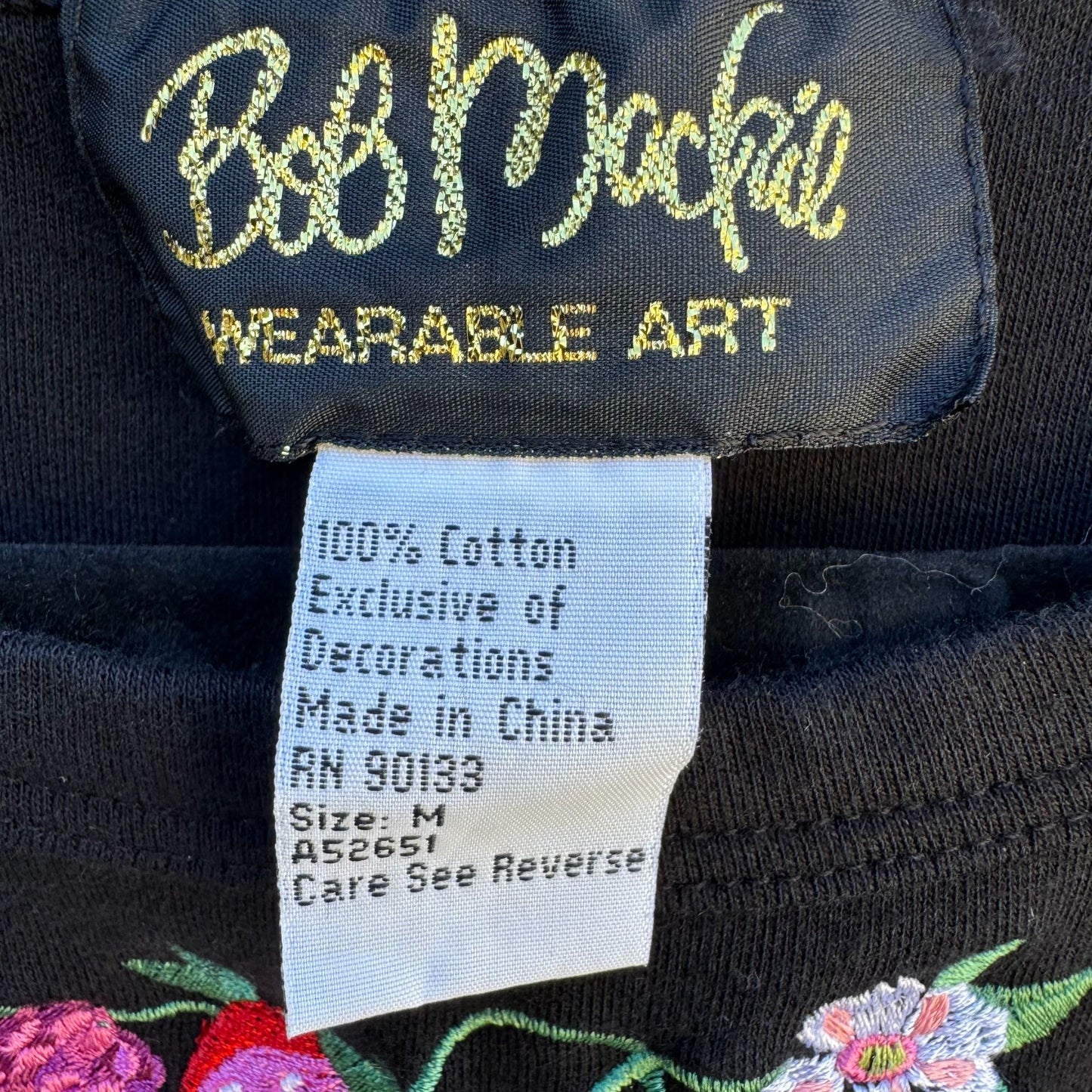 Bob Mackie Wearable Art Vintage Womens Cotton Black Floral Embroidery Midi Dress