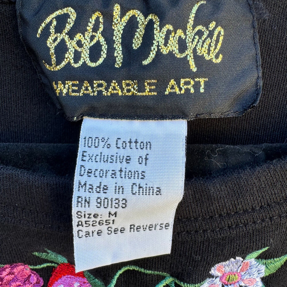 Bob Mackie Wearable Art Vintage Womens Cotton Black Floral Embroidery Midi Dress