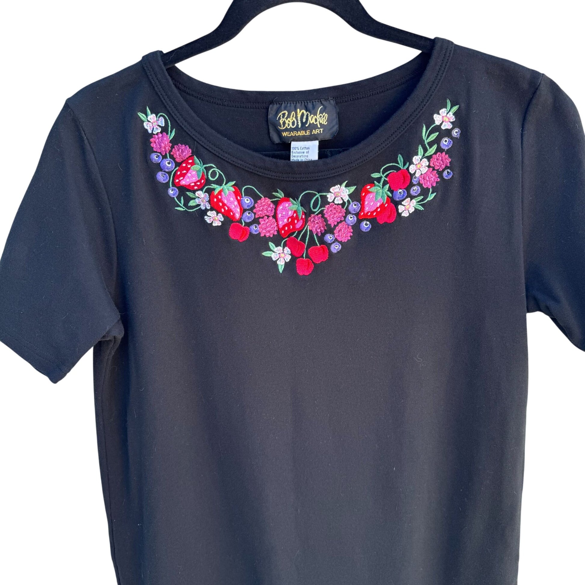 Bob Mackie Wearable Art Vintage Womens Cotton Black Floral Embroidery Midi Dress