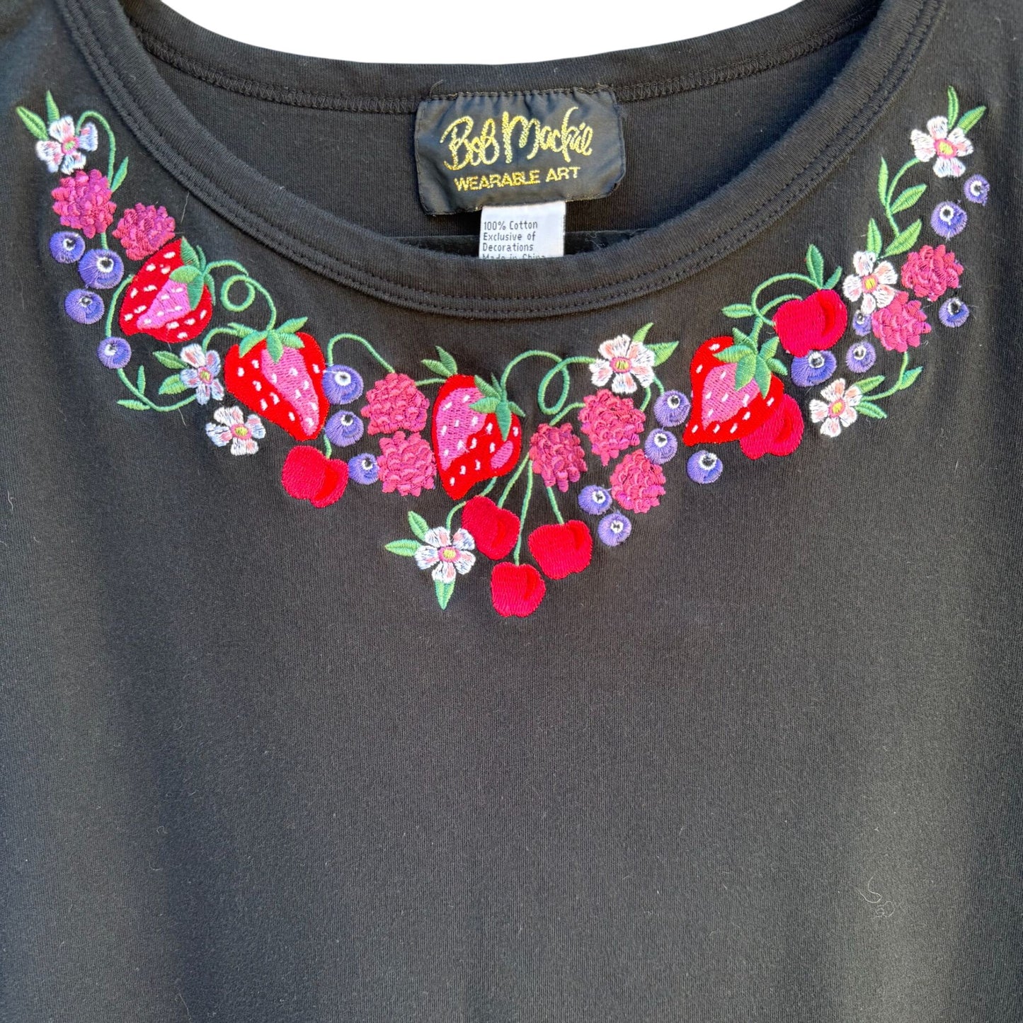 Bob Mackie Wearable Art Vintage Womens Cotton Black Floral Embroidery Midi Dress