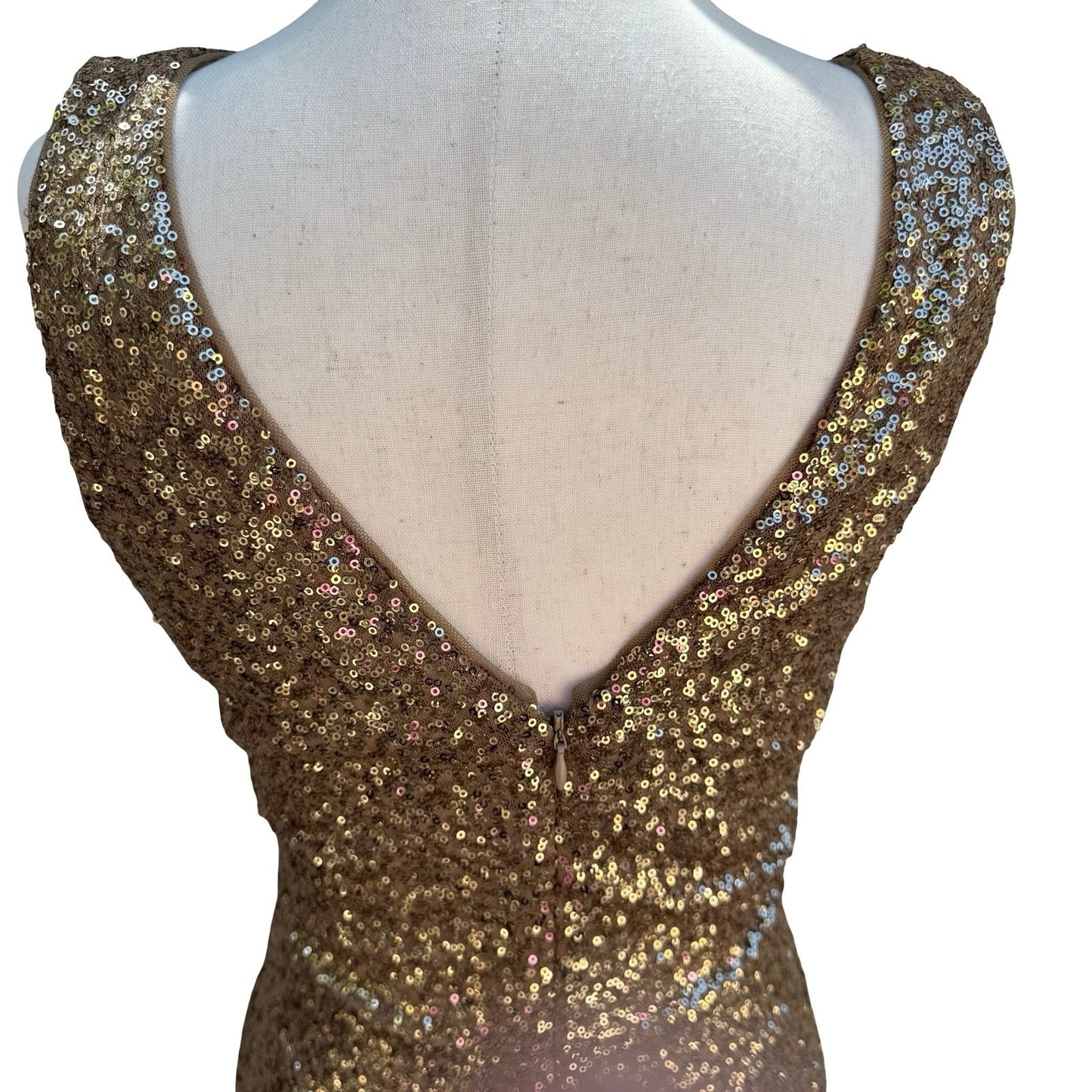 Lauren Ralph Lauren Glam Gold Sequin Ruched V-Neck Cocktail Party Dress Womens 6