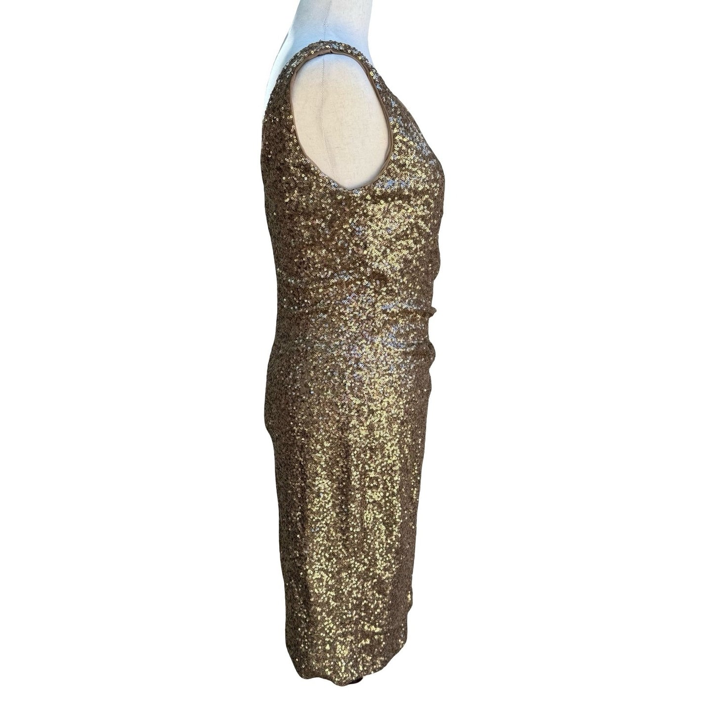 Lauren Ralph Lauren Glam Gold Sequin Ruched V-Neck Cocktail Party Dress Womens 6