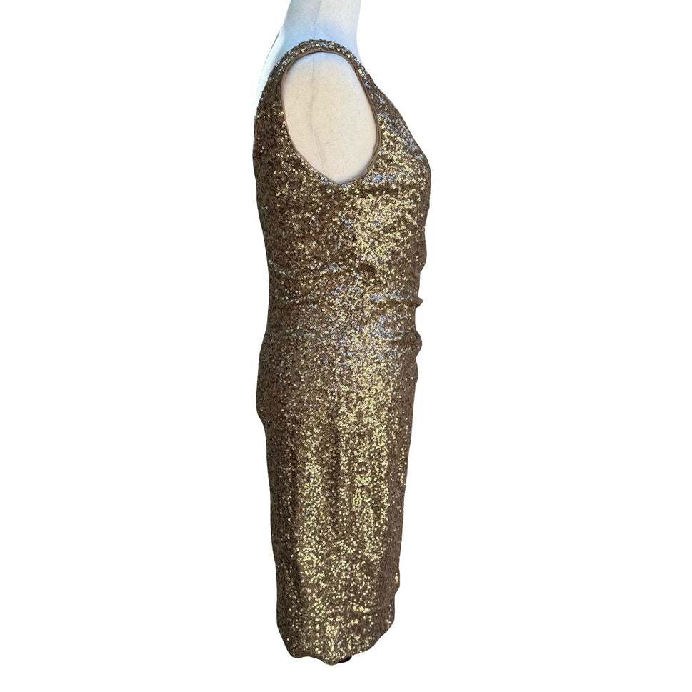 Lauren Ralph Lauren Glam Gold Sequin Ruched V-Neck Cocktail Party Dress Womens 6