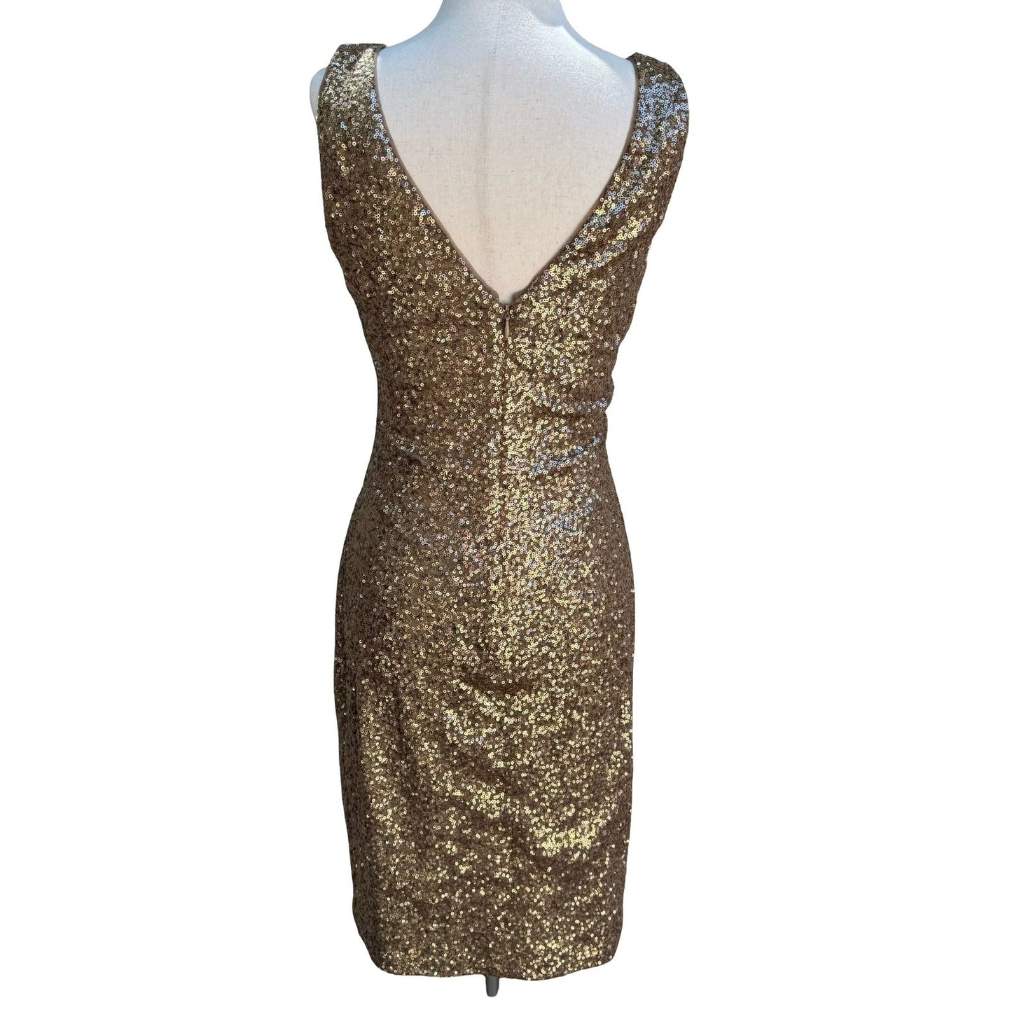 Lauren Ralph Lauren Glam Gold Sequin Ruched V-Neck Cocktail Party Dress Womens 6