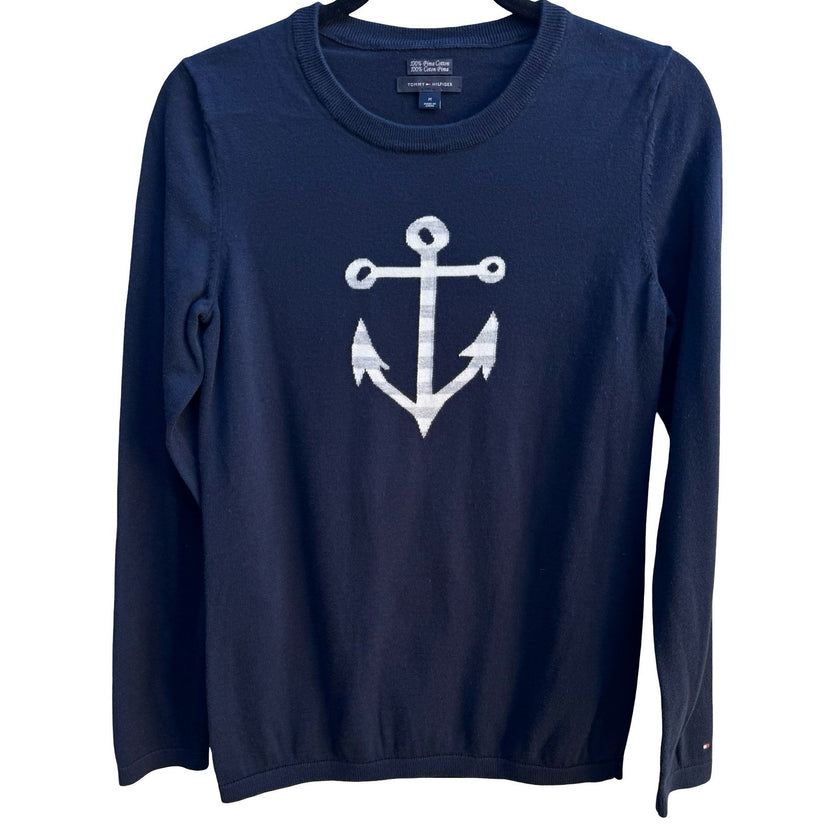 Tommy Hilfiger Nautical Pima Cotton Preppy Coastal Anchor Yacht Sweater Navy M