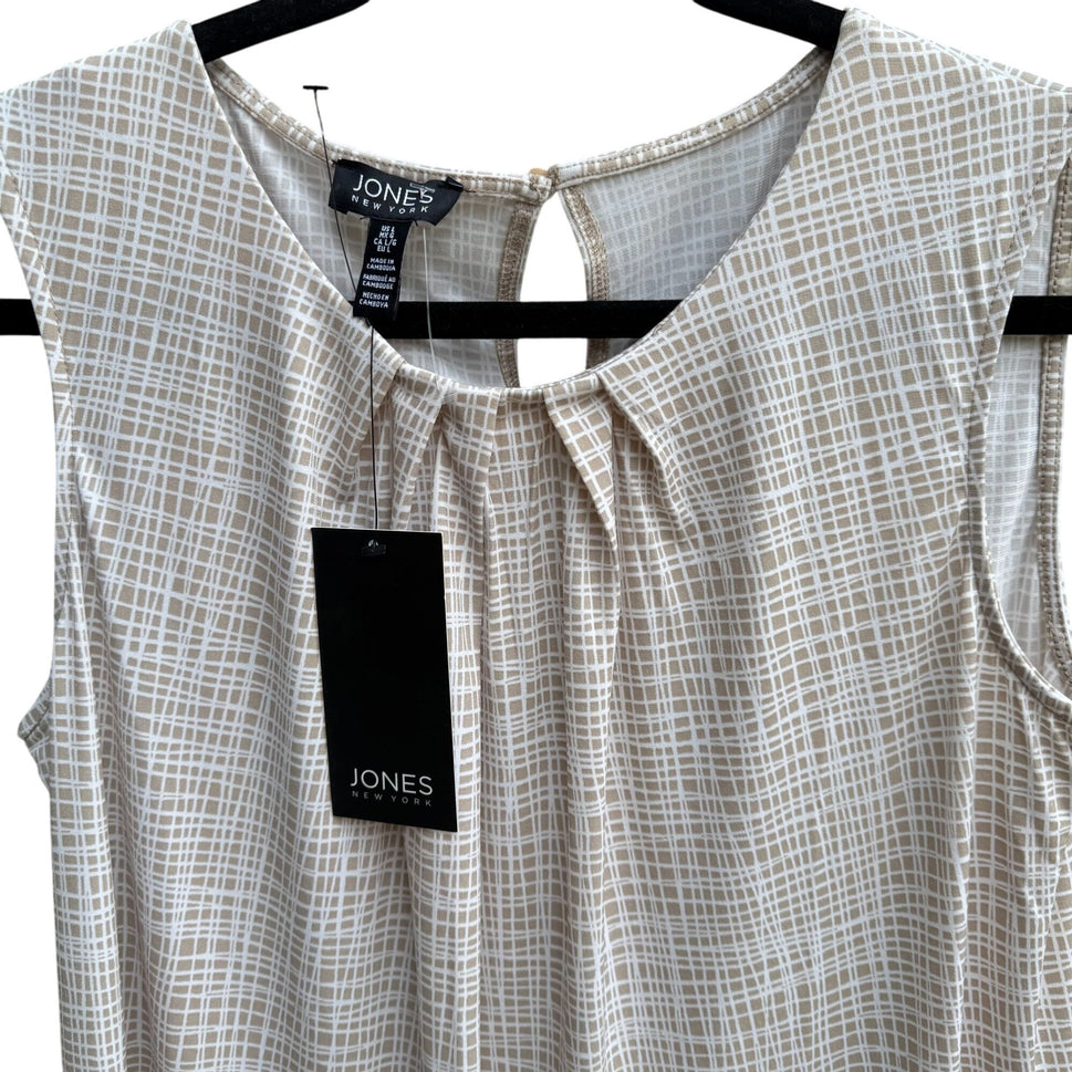 Jones New York Womens Sleeveless Pleat Neck Keyhole Back Check Print Blouse New L