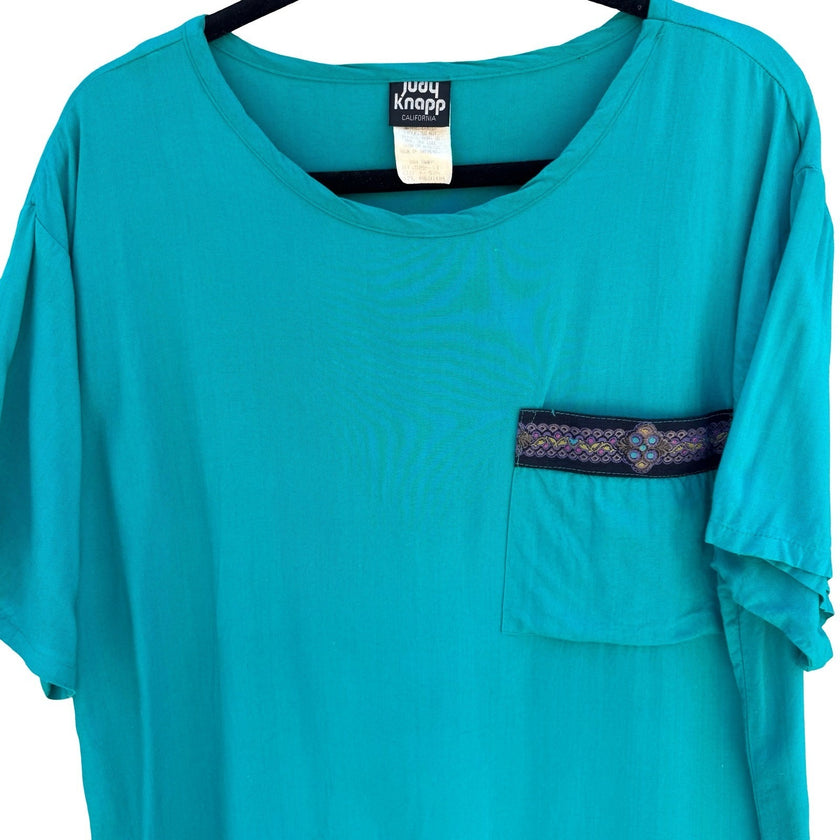 Judy Knapp California Vintage Teal Rayon Pocket Top Embroidered Trim Medium USA