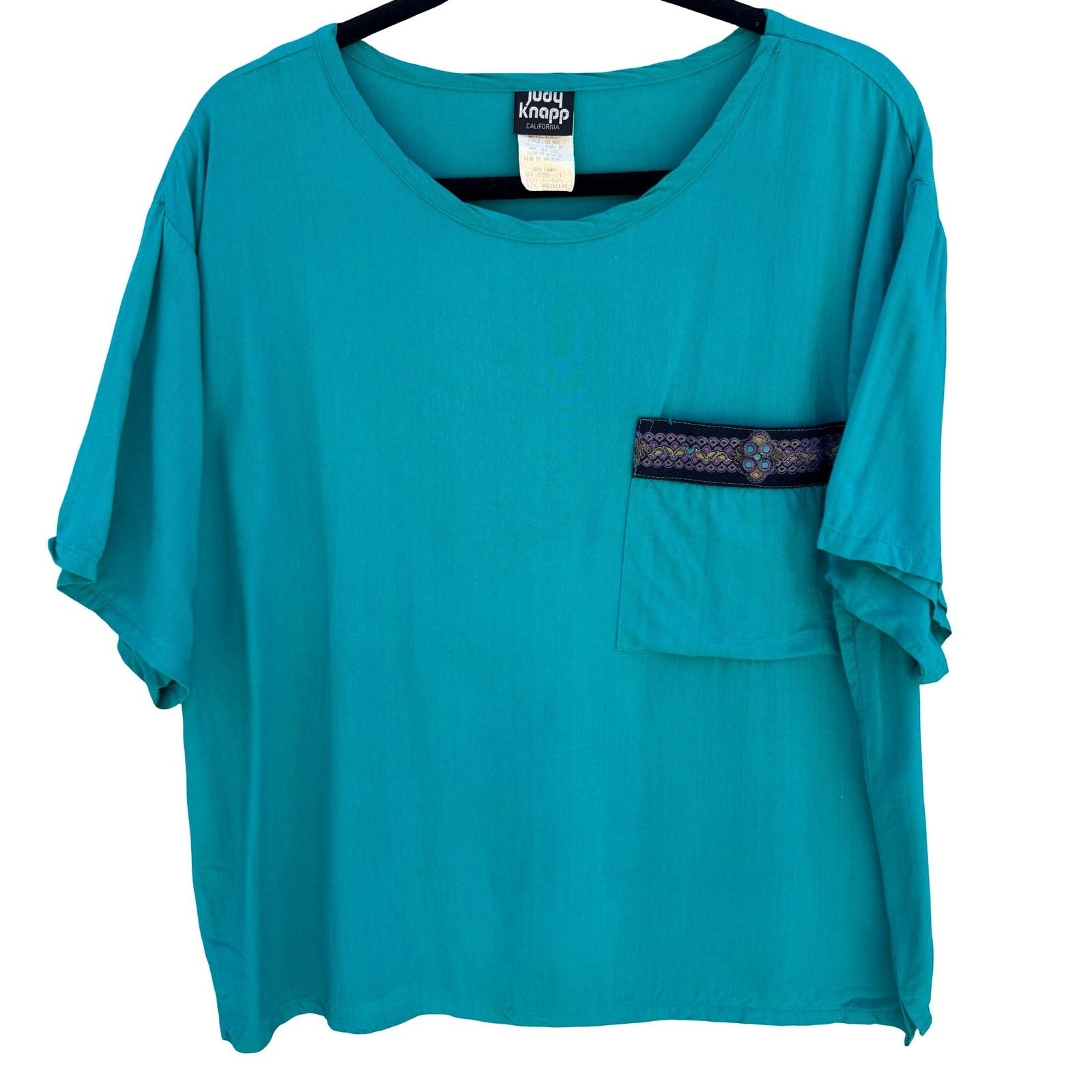 Judy Knapp California Vintage Teal Rayon Pocket Top Embroidered Trim Medium USA