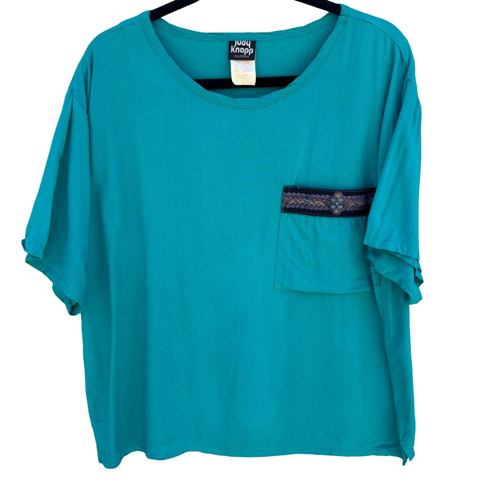 Judy Knapp California Vintage Teal Rayon Pocket Top Embroidered Trim Medium USA