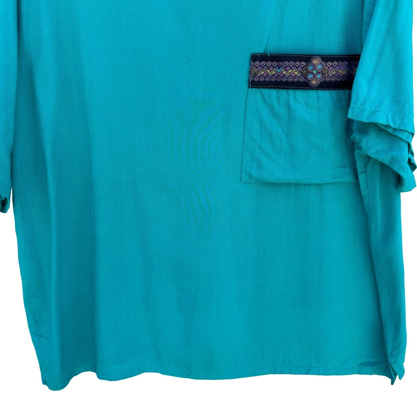 Judy Knapp California Vintage Teal Rayon Pocket Top Embroidered Trim Medium USA