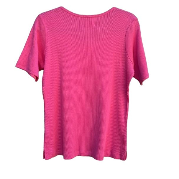 The Quacker Factory Beaded Collar Short Sleeve Hot Pink Women's Shirt Blouse Top