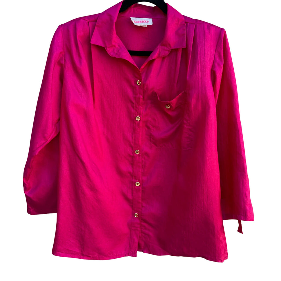 Gabriella Vintage Womens Button-Up Hot Pink Long Roll Tab Sleeve Blouse Small