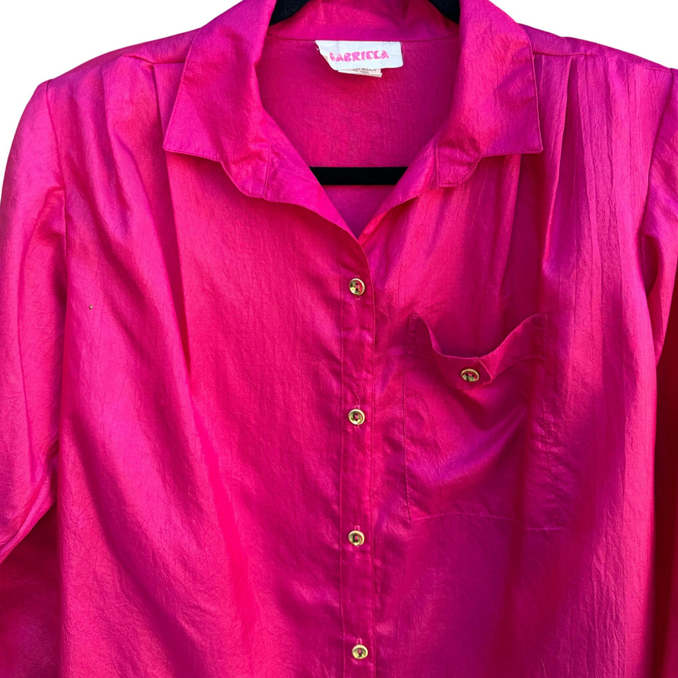 Gabriella Vintage Womens Button-Up Hot Pink Long Roll Tab Sleeve Blouse Small