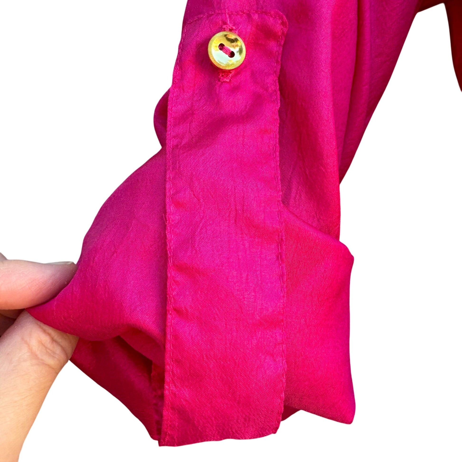 Gabriella Vintage Womens Button-Up Hot Pink Long Roll Tab Sleeve Blouse Small