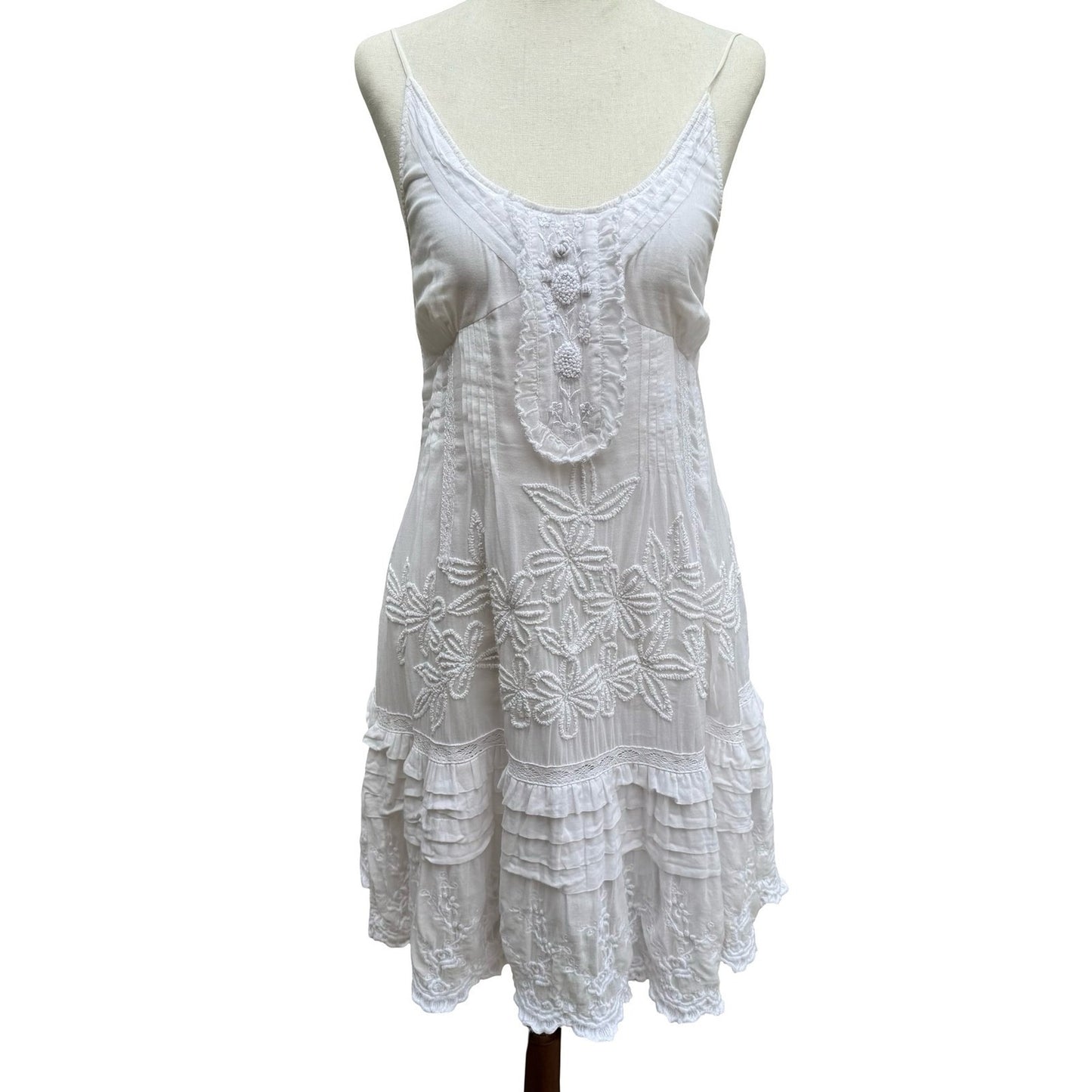 Ethereal Boho Coastal Floral Embroidered Beach Sundress Smocked Back Ruffle Lace