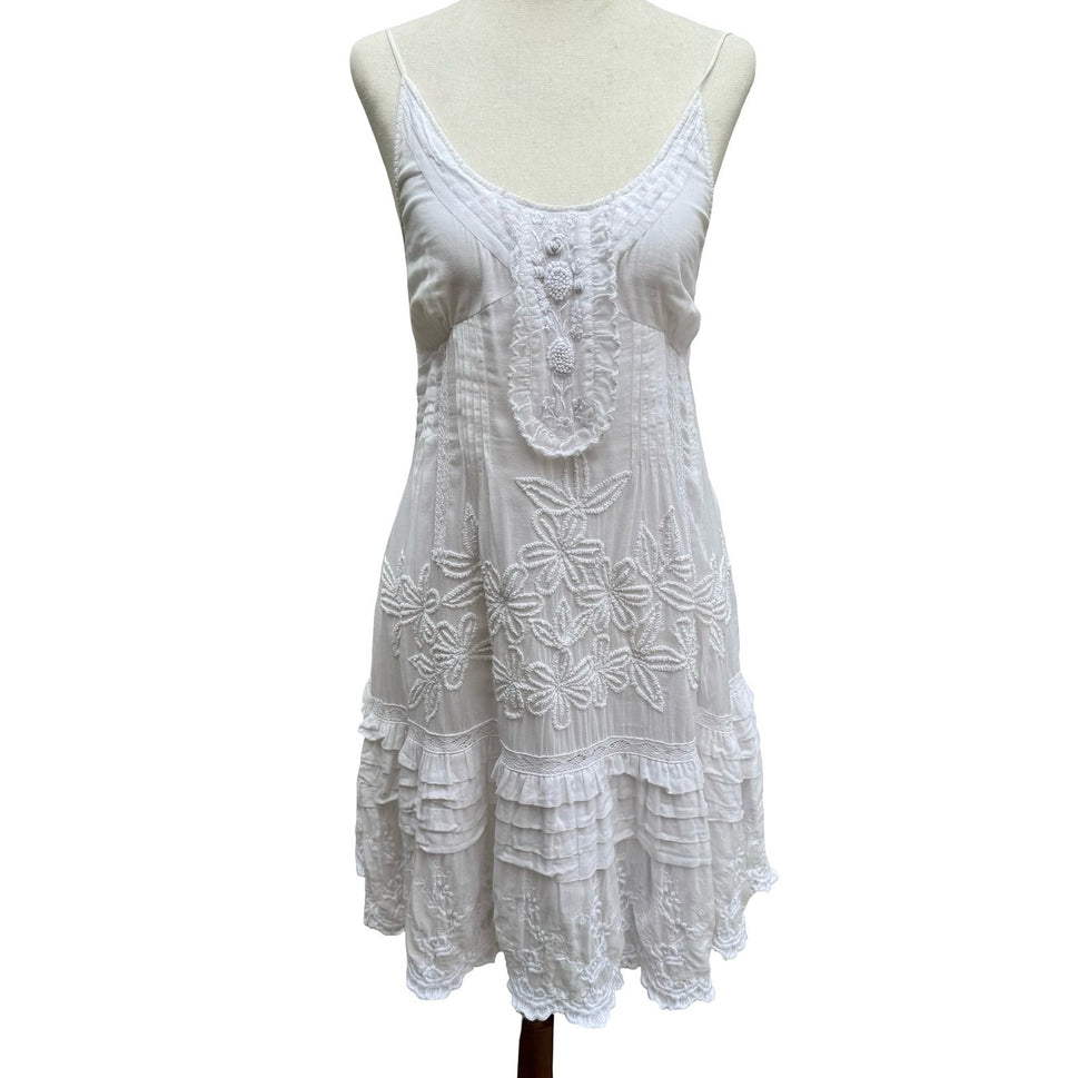 Ethereal Boho Coastal Floral Embroidered Beach Sundress Smocked Back Ruffle Lace