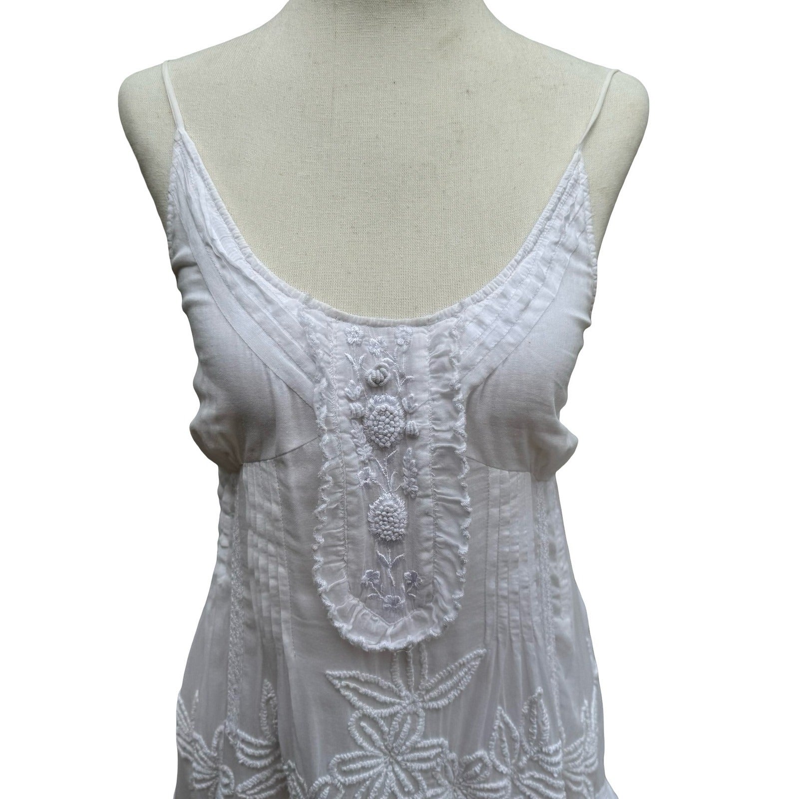 Ethereal Boho Coastal Floral Embroidered Beach Sundress Smocked Back Ruffle Lace