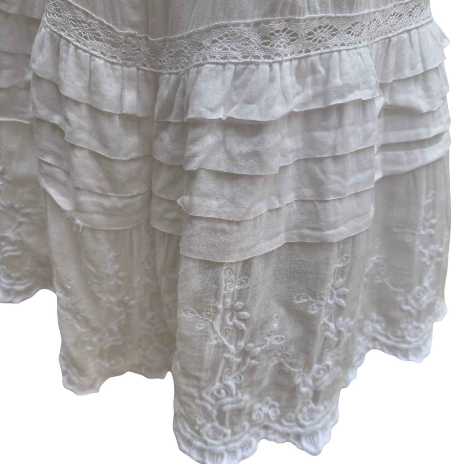 Ethereal Boho Coastal Floral Embroidered Beach Sundress Smocked Back Ruffle Lace