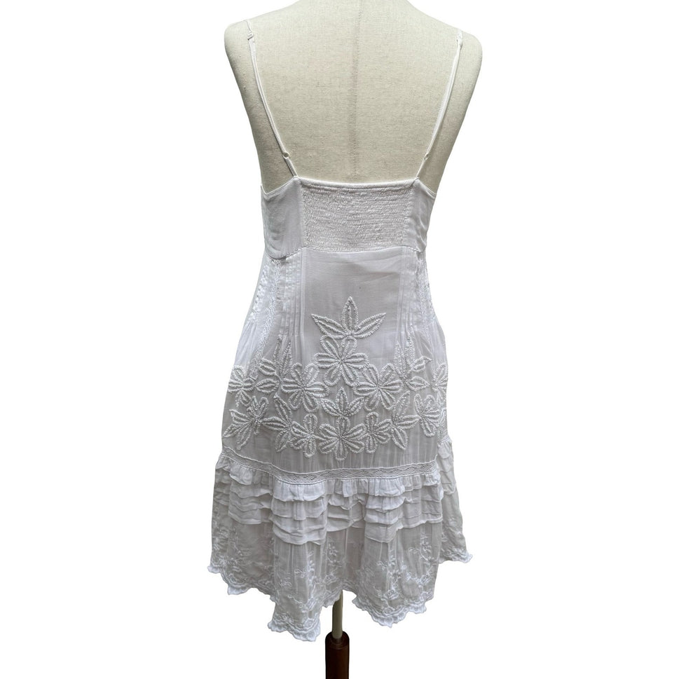 Ethereal Boho Coastal Floral Embroidered Beach Sundress Smocked Back Ruffle Lace