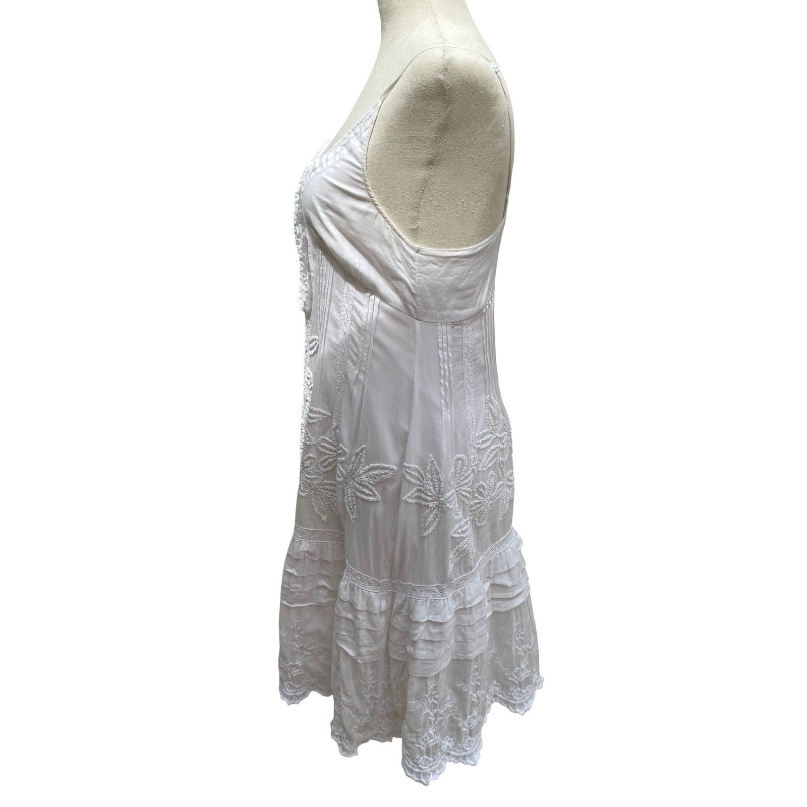 Ethereal Boho Coastal Floral Embroidered Beach Sundress Smocked Back Ruffle Lace