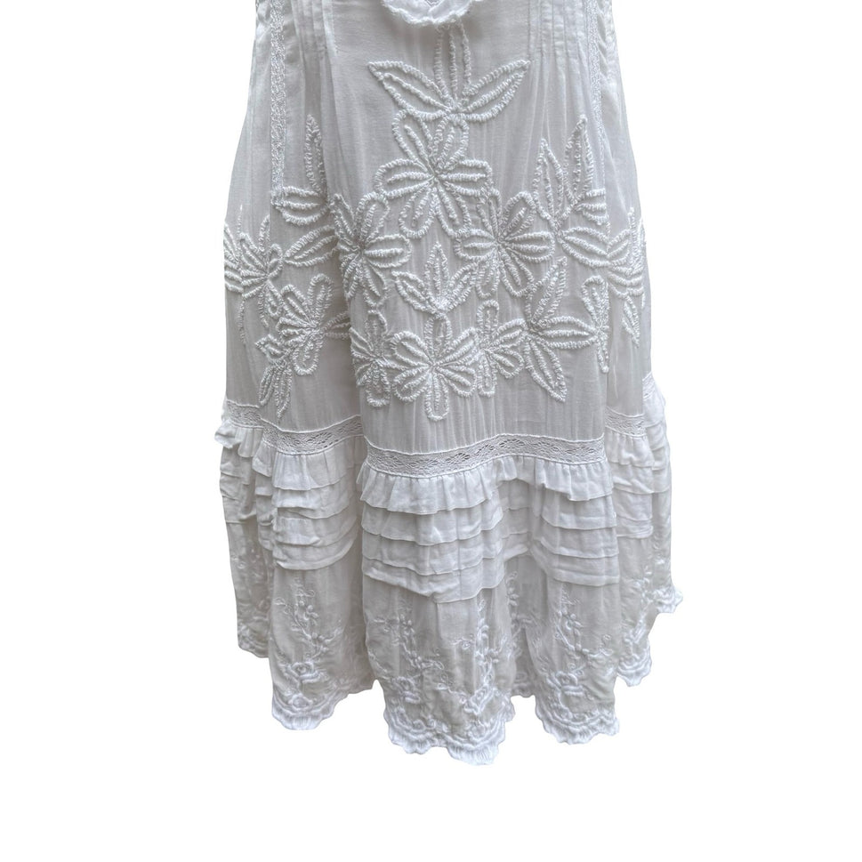 Ethereal Boho Coastal Floral Embroidered Beach Sundress Smocked Back Ruffle Lace