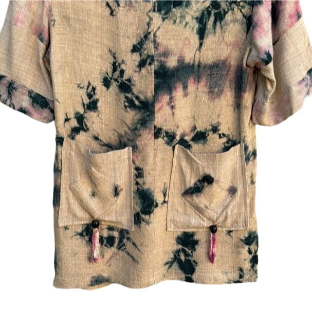 Skill Sparrow Vintage Heavy Linen Colorwash Batik Tassel Accents Women's Blouse