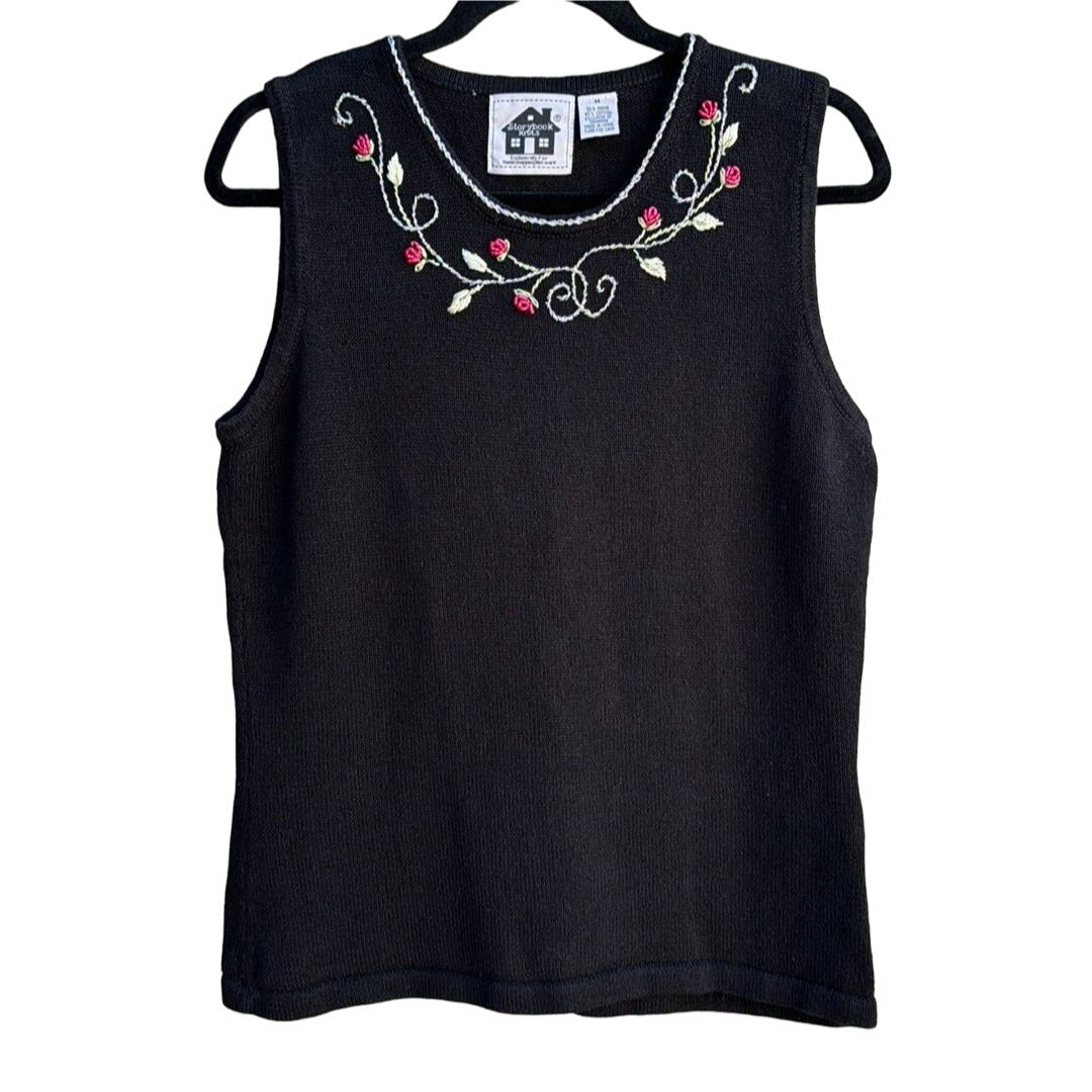 Storybook Knits Embroidered Floral Black Tank Top Ramie & Cotton Blend Ladies M