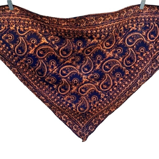 Vintage Navy Orange Paisley Festival Boho Hippie Gypsy Top Scarf Wrap Shawl - OS