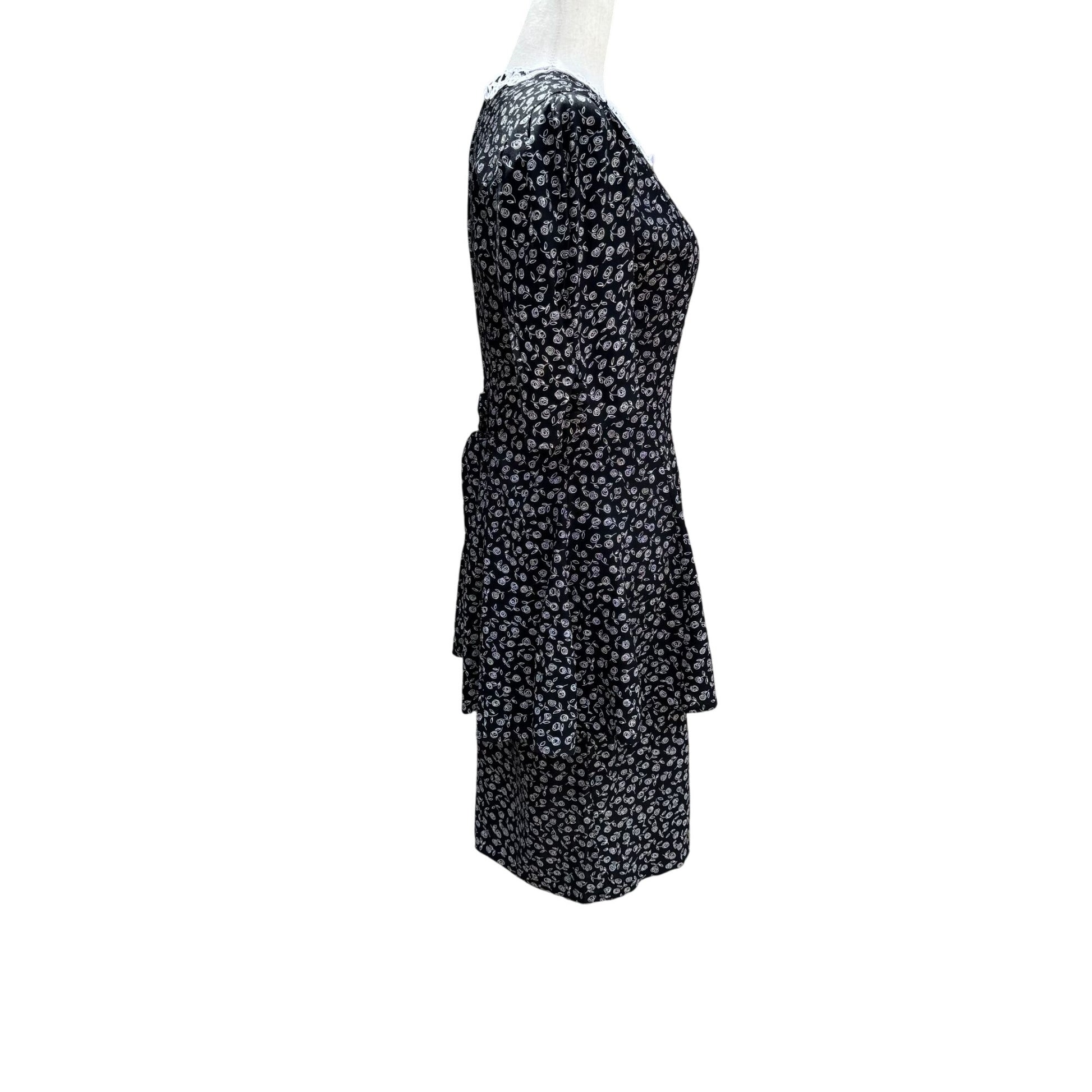 RJ Stevens Vintage 80s Black Floral Lace Collar Tiered Skirt Womens Dress 4