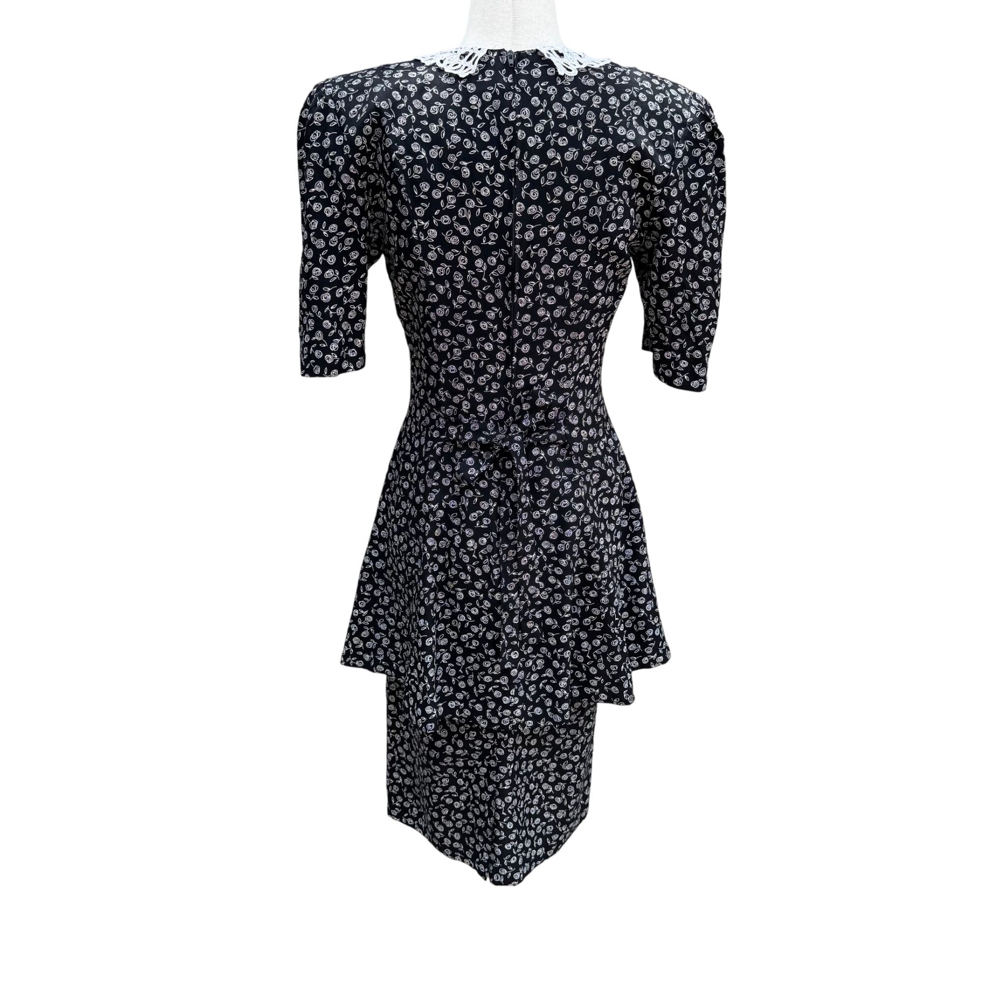 RJ Stevens Vintage 80s Black Floral Lace Collar Tiered Skirt Womens Dress 4