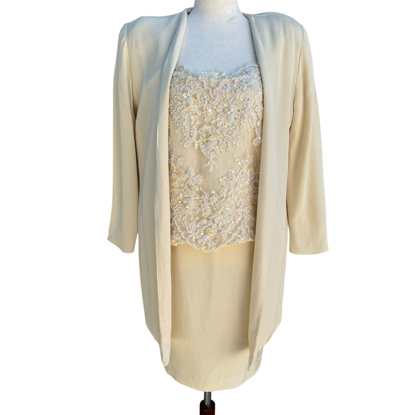 Becky Bisoulis Neiman Marcus Vintage Women's Beaded Lace Cream 3 Piece Dress Set