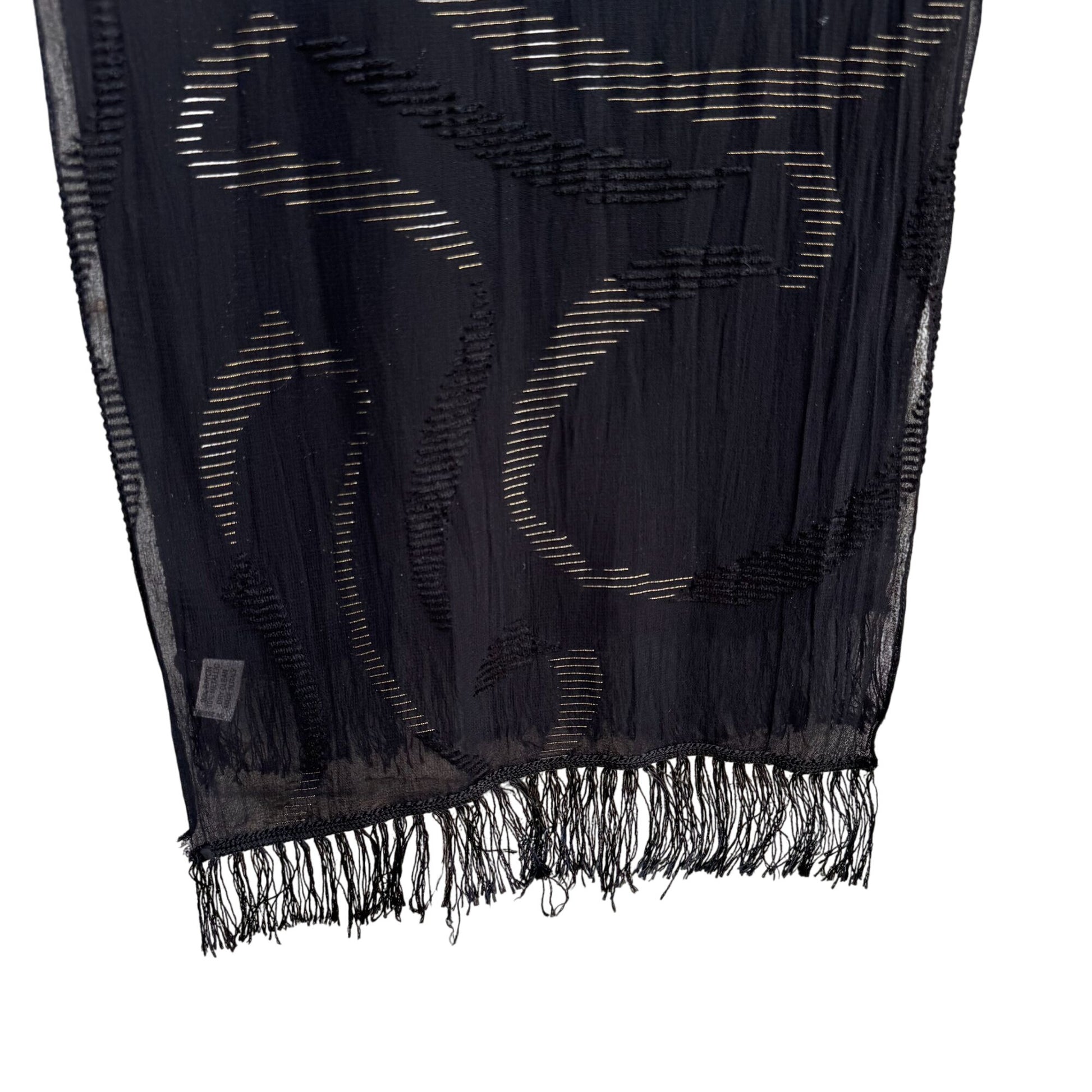 Anne Klein For Vera Vintage Black Sheer Metallic Fringe Italian Made Scarf Wrap