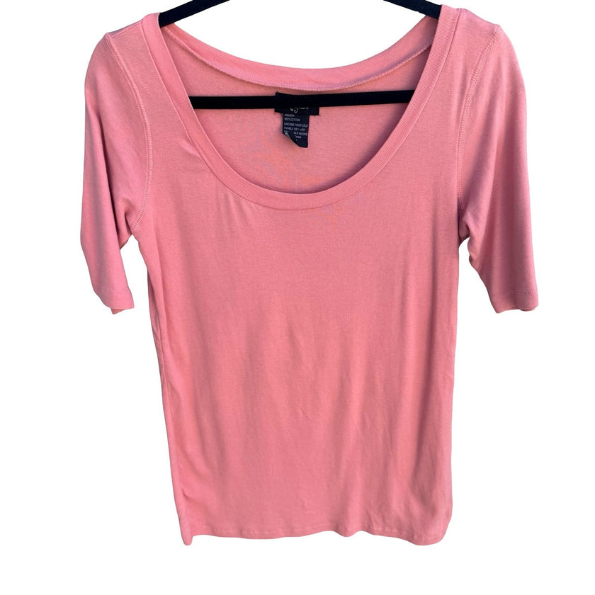 Hot in Hollywood Pink Scoop Neck Elbow Sleeve 100% Cotton Top Womens Medium