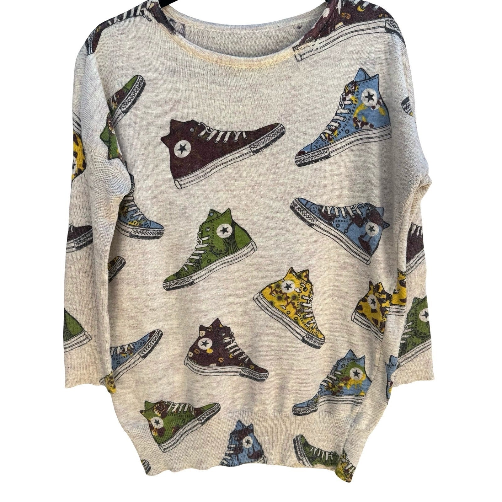 Vintage Style Sneaker Print Novelty Knit Sweater Oatmeal Sneakerhead Kitschy XL