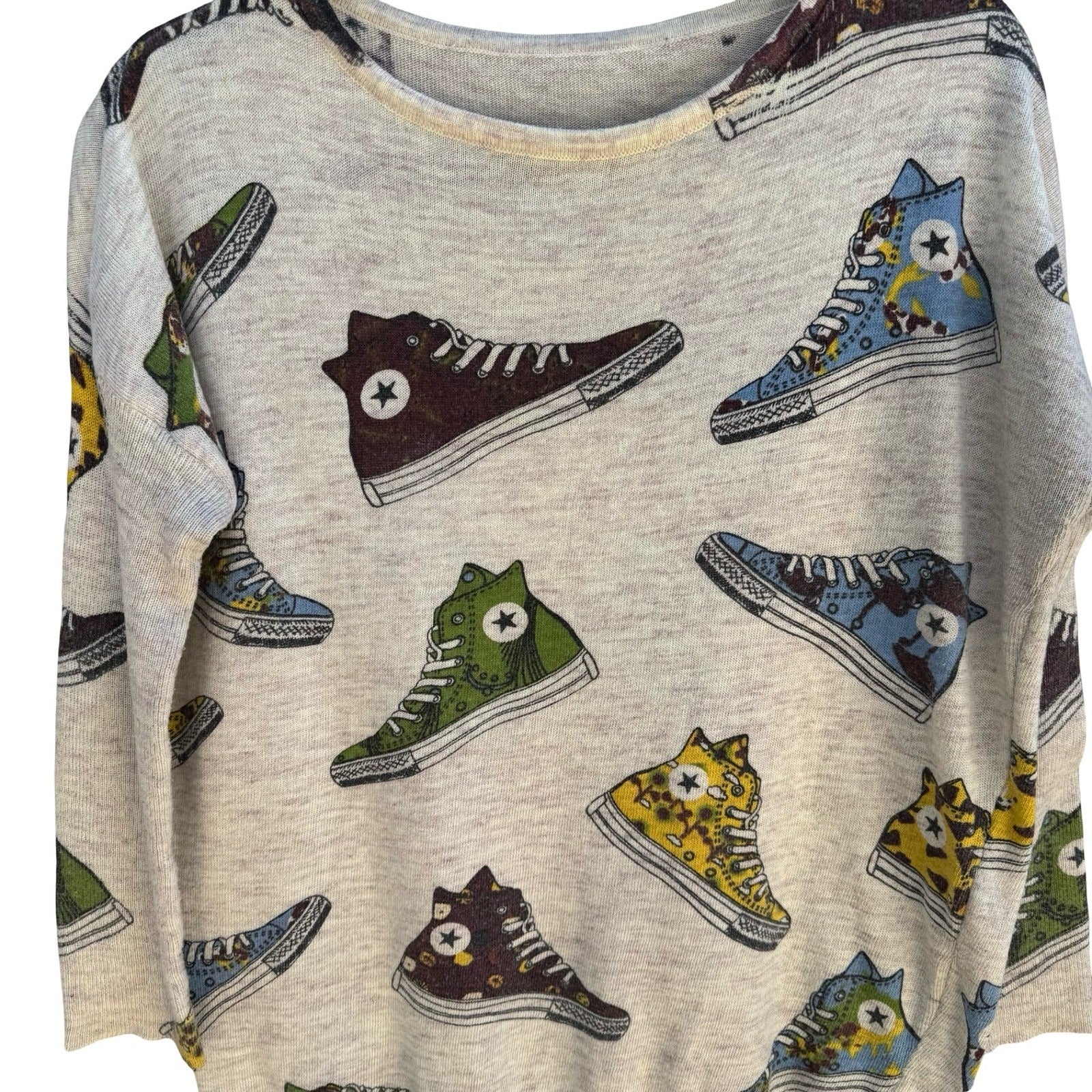 Vintage Style Sneaker Print Novelty Knit Sweater Oatmeal Sneakerhead Kitschy XL