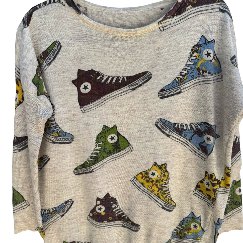 Vintage Style Sneaker Print Novelty Knit Sweater Oatmeal Sneakerhead Kitschy XL
