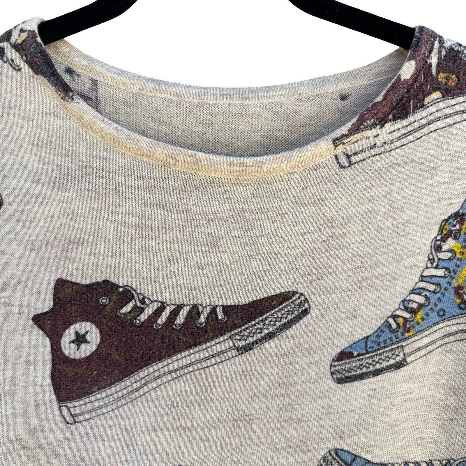 Vintage Style Sneaker Print Novelty Knit Sweater Oatmeal Sneakerhead Kitschy XL