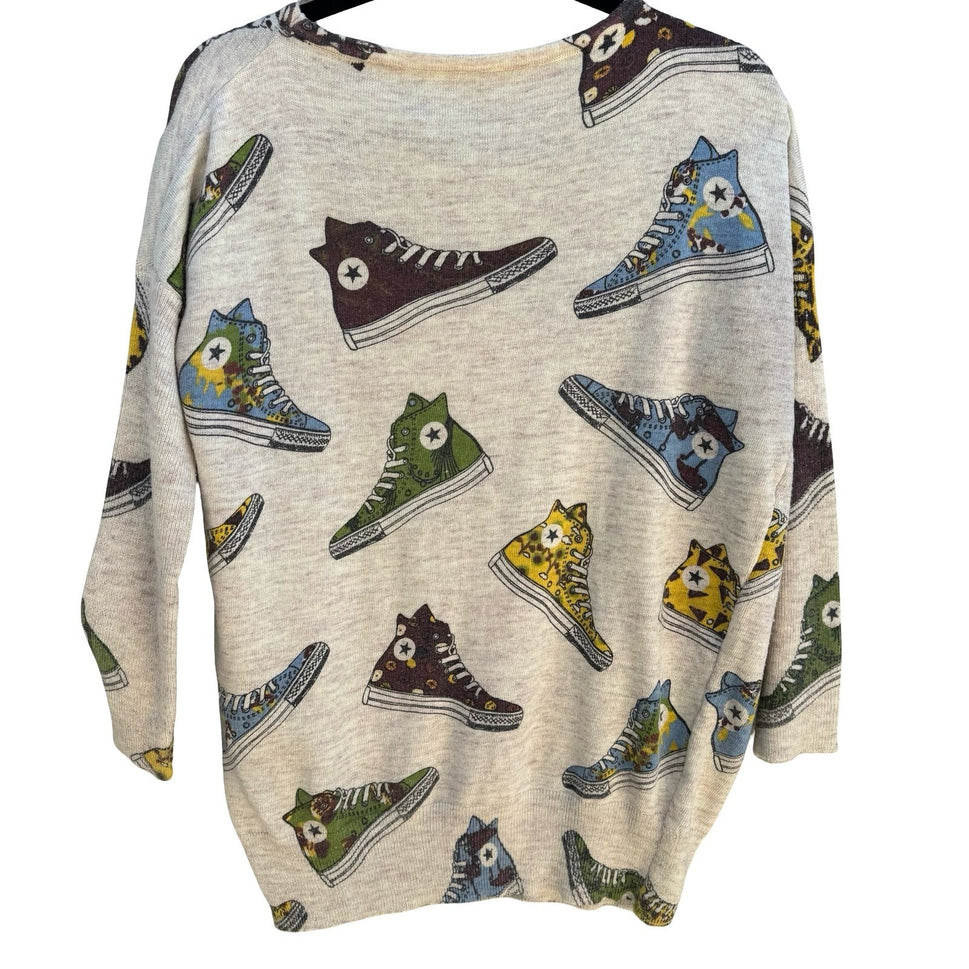 Vintage Style Sneaker Print Novelty Knit Sweater Oatmeal Sneakerhead Kitschy XL