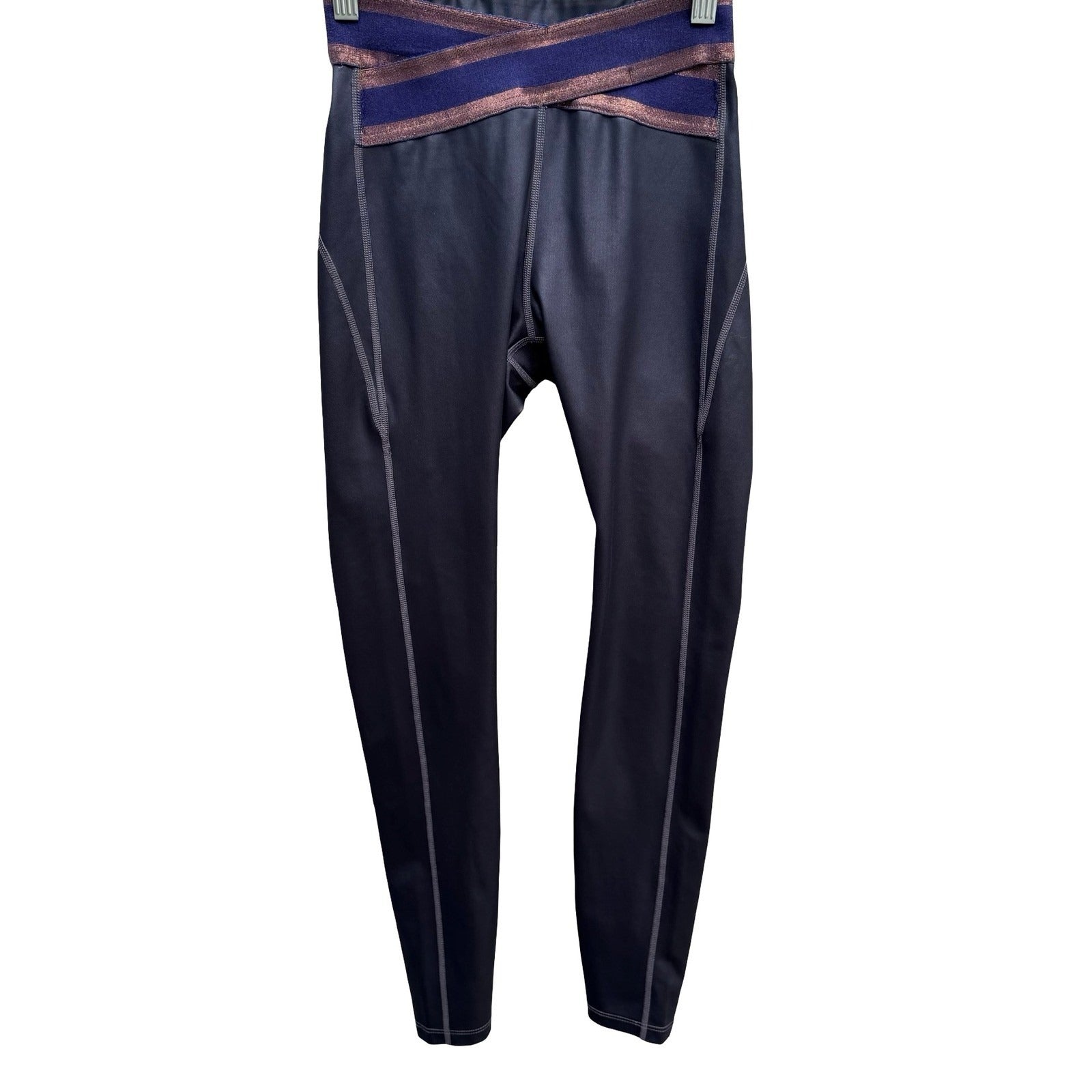 Nylora Criss-Cross Metallic Waistband Activewear Gym Leggings Balletcore Grey XS