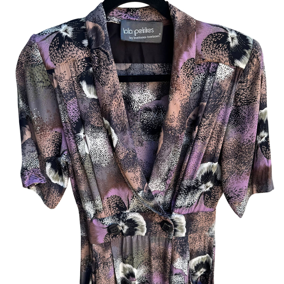 BB Petites By Barbara Barbara Vintage 80s Floral Print V Neck Short Sleeve Dress