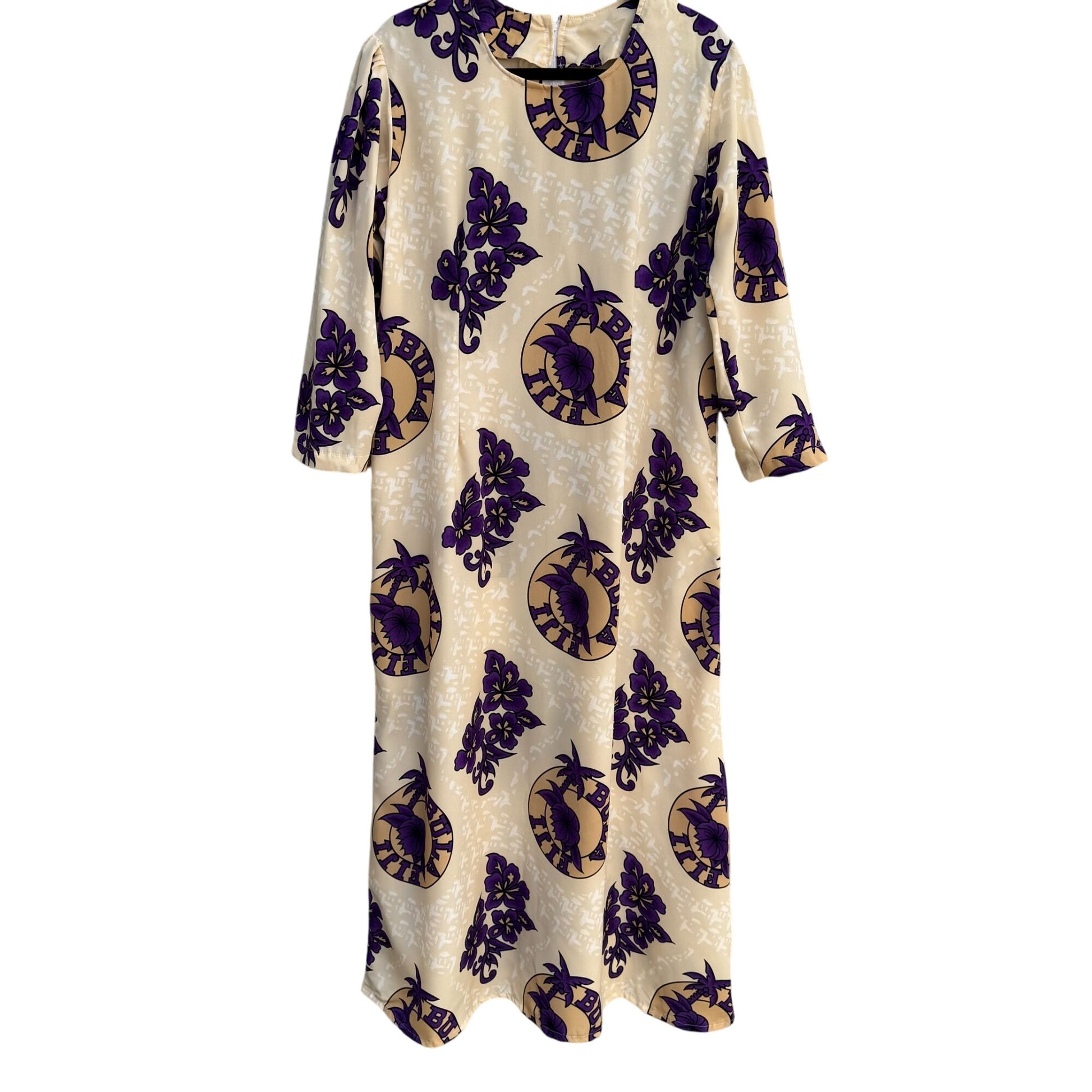 Bula Fiji Vintage Handmade Womens Tan Purple Floral Housecoat Style Tunic Dress