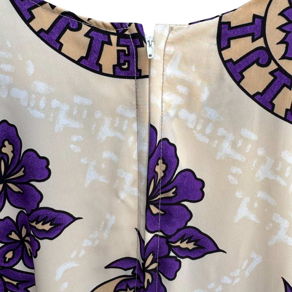 Bula Fiji Vintage Handmade Womens Tan Purple Floral Housecoat Style Tunic Dress