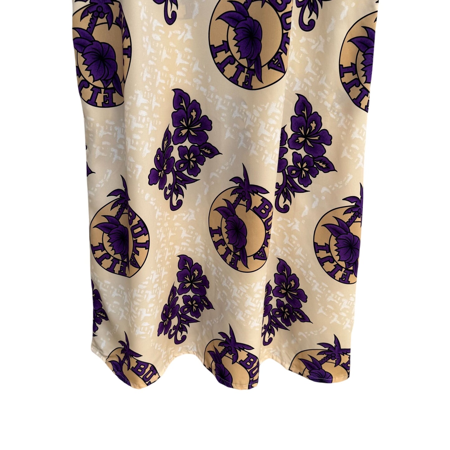 Bula Fiji Vintage Handmade Womens Tan Purple Floral Housecoat Style Tunic Dress