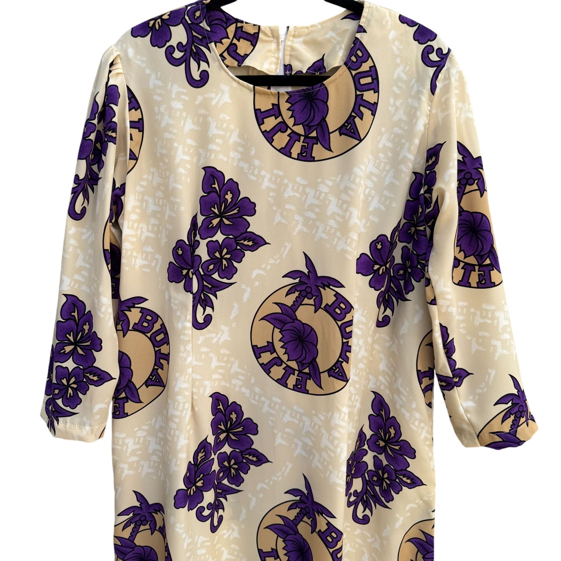 Bula Fiji Vintage Handmade Womens Tan Purple Floral Housecoat Style Tunic Dress