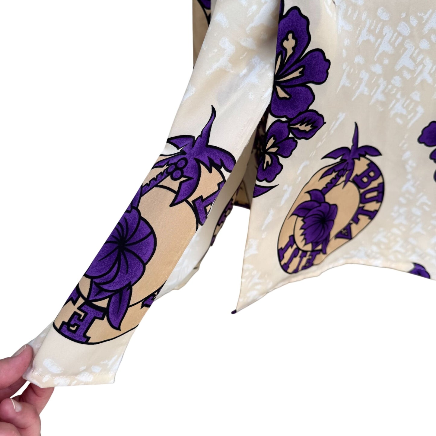 Bula Fiji Vintage Handmade Womens Tan Purple Floral Housecoat Style Tunic Dress