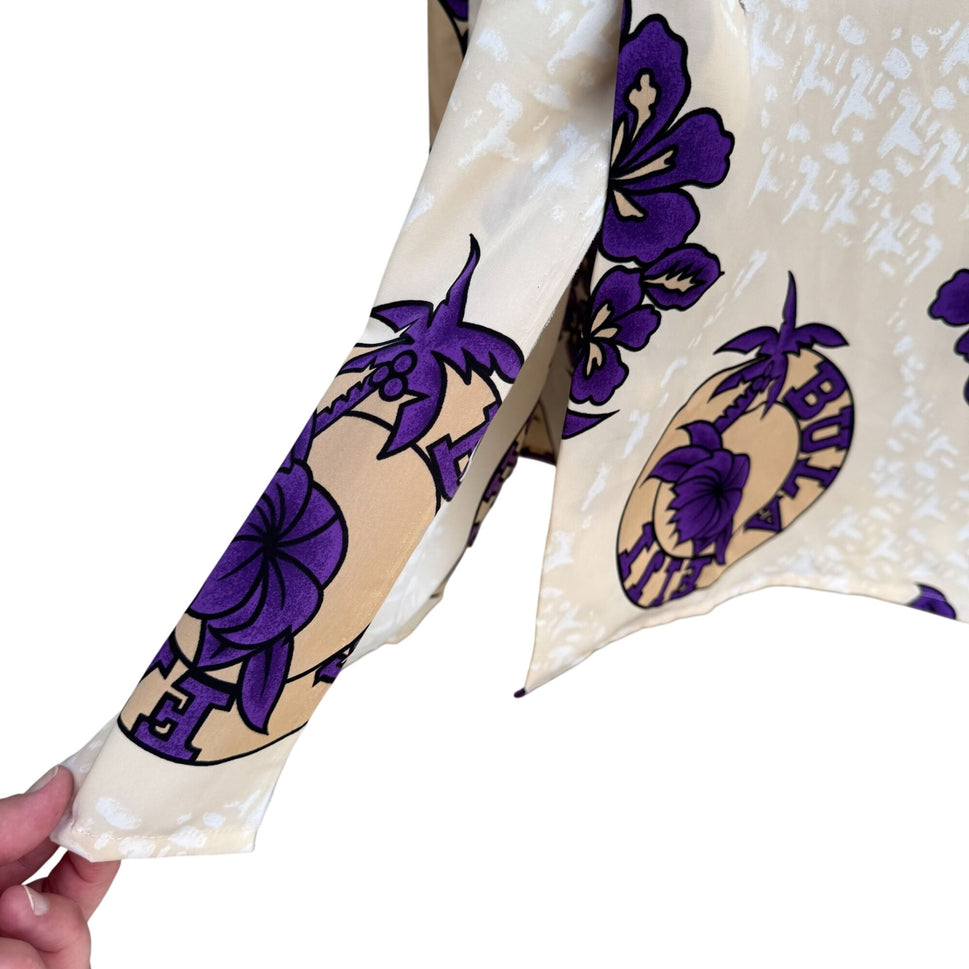 Bula Fiji Vintage Handmade Womens Tan Purple Floral Housecoat Style Tunic Dress