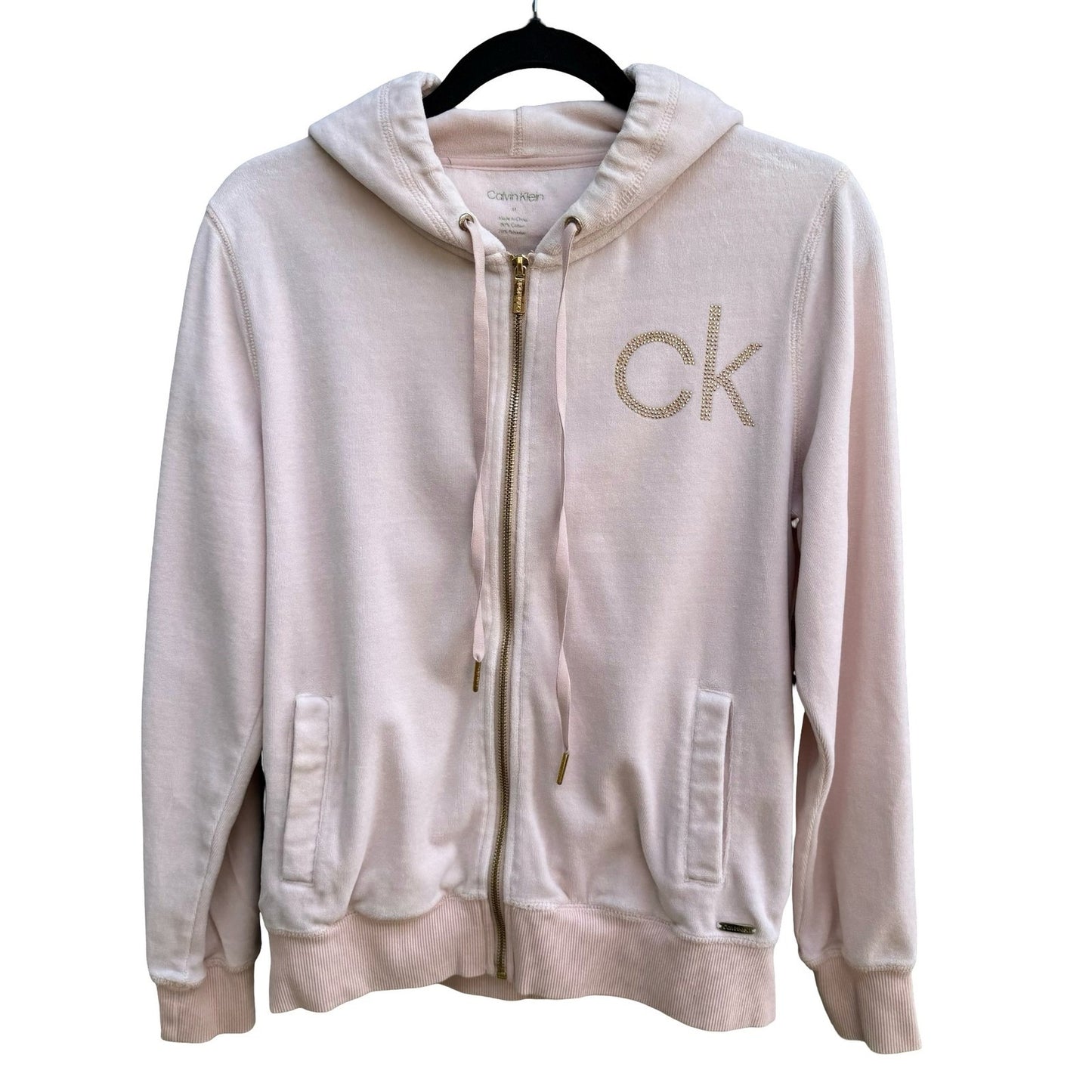 Calvin Klein Y2K McBling Athleisure Pink Velour Zip Up Hoodie Studded CK Logo M