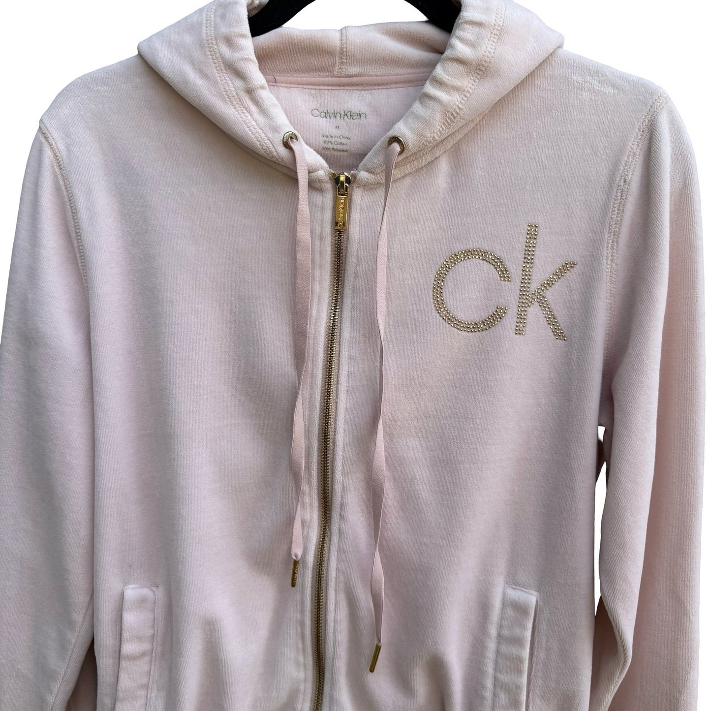 Calvin Klein Y2K McBling Athleisure Pink Velour Zip Up Hoodie Studded CK Logo M